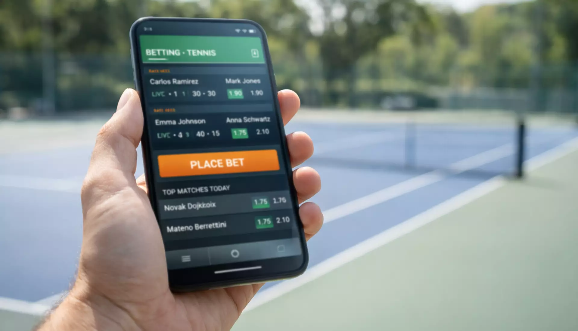 Mano sosteniendo un smartphone junto a una pista de tenis al aire libre