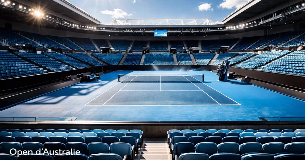 Pista de tenis de superficie dura bajo cielo azul intenso en verano australiano