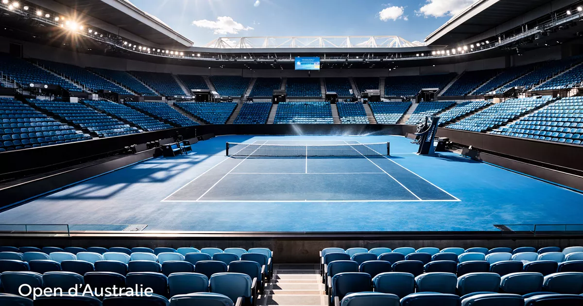 Pista de tenis de superficie dura bajo cielo azul intenso en verano australiano