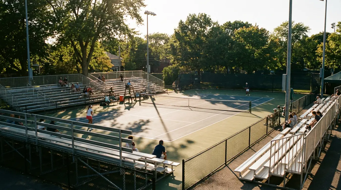 Pista de tenis de un torneo menor con gradas pequeñas y pocos espectadores