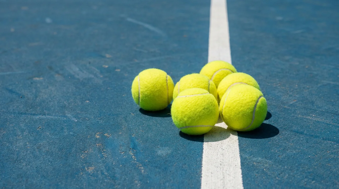 Varias pelotas de tenis agrupadas sobre la superficie de una pista dura