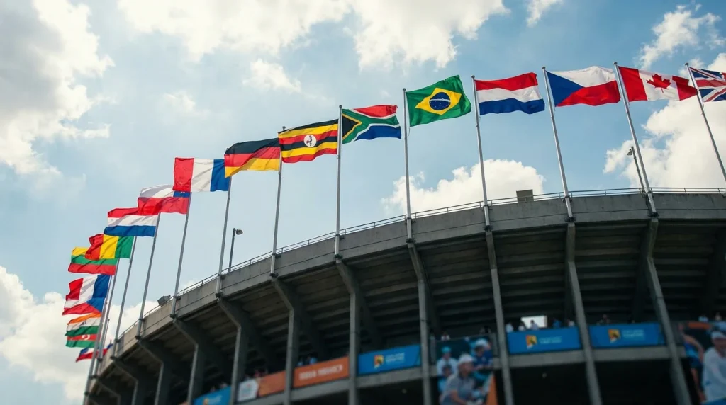 Bandera ondeando en las gradas de un estadio de tenis durante una competición