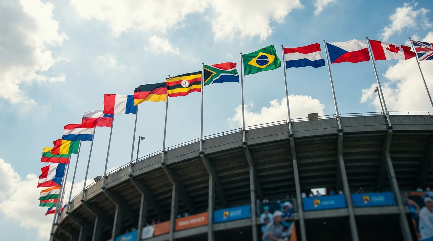Bandera ondeando en las gradas de un estadio de tenis durante una competición