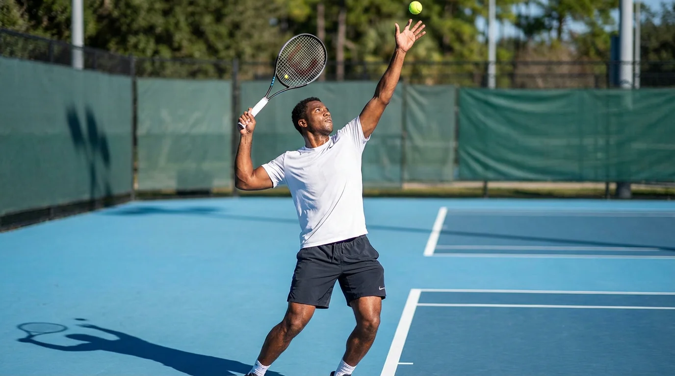 Jugador de tenis sirviendo en una pista dura durante un torneo profesional