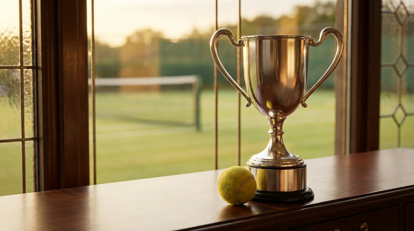 Trofeo de tenis sobre una mesa con una pista de fondo desenfocada