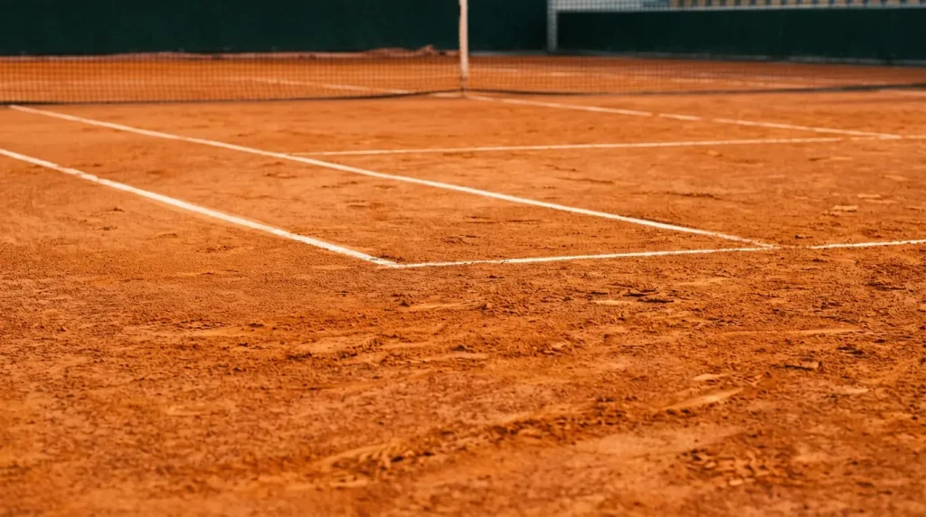 Pista de tierra batida de Roland Garros con líneas marcadas y arcilla rojiza