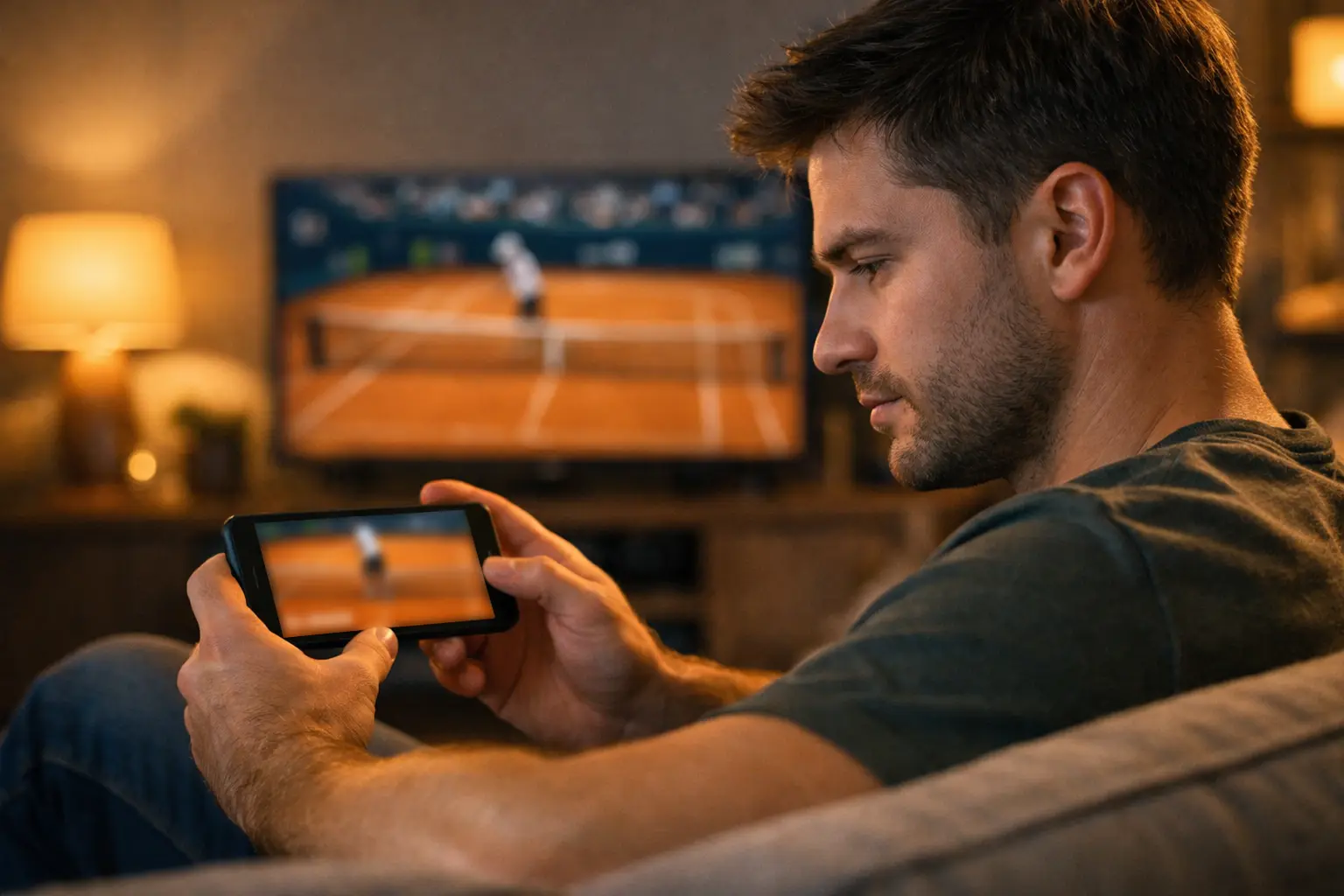 Aficionado siguiendo un partido de tenis en directo desde su smartphone