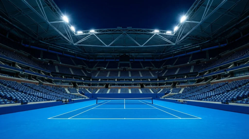 Pista de tenis dura del US Open iluminada bajo los focos del estadio nocturno