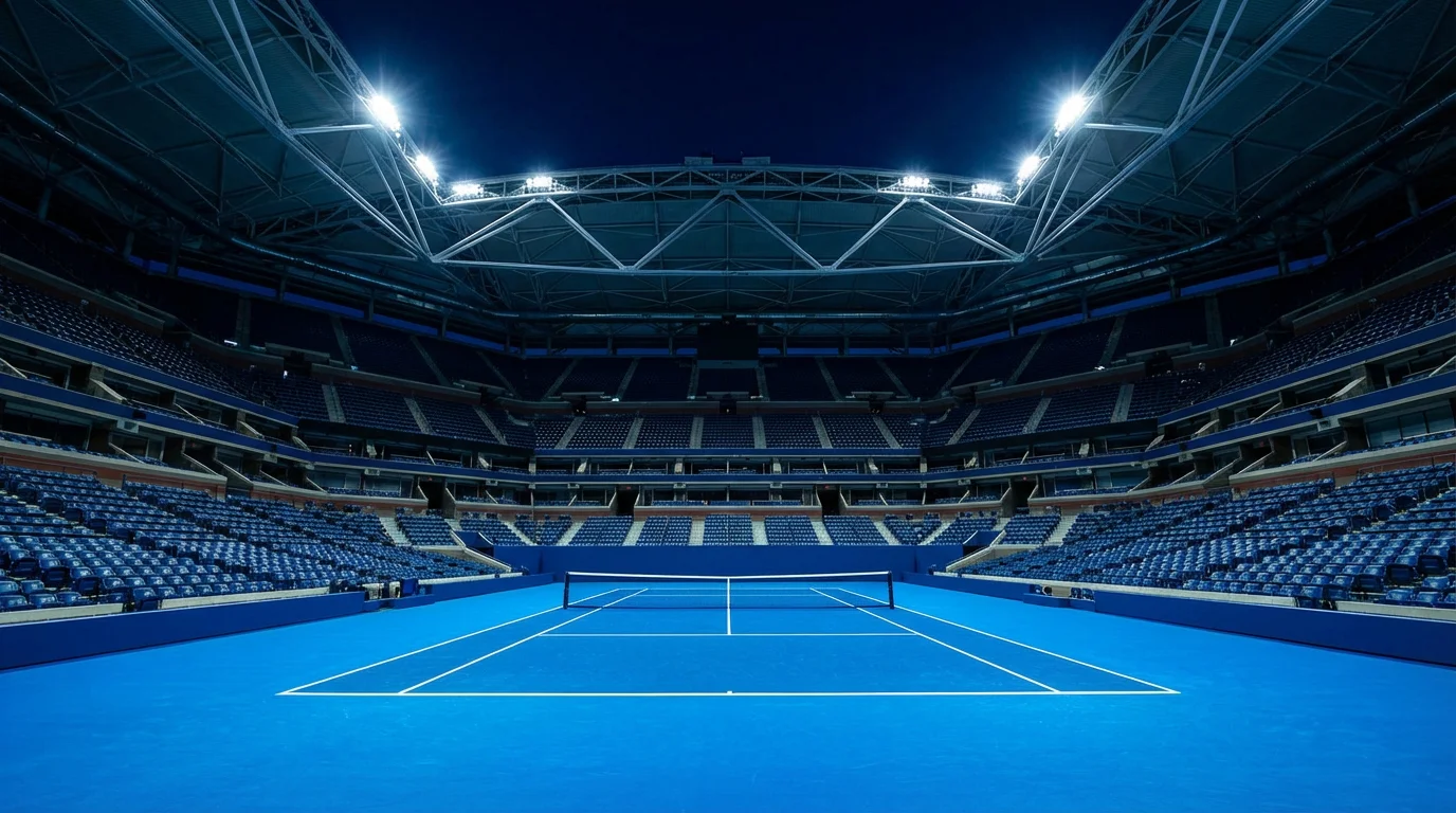Pista de tenis dura del US Open iluminada bajo los focos del estadio nocturno
