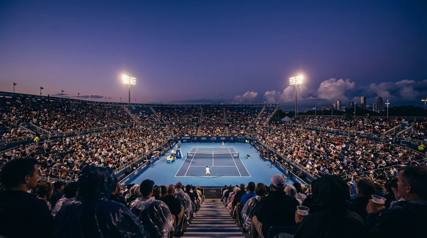 Partido de tenis en directo visto desde la grada de un estadio al atardecer