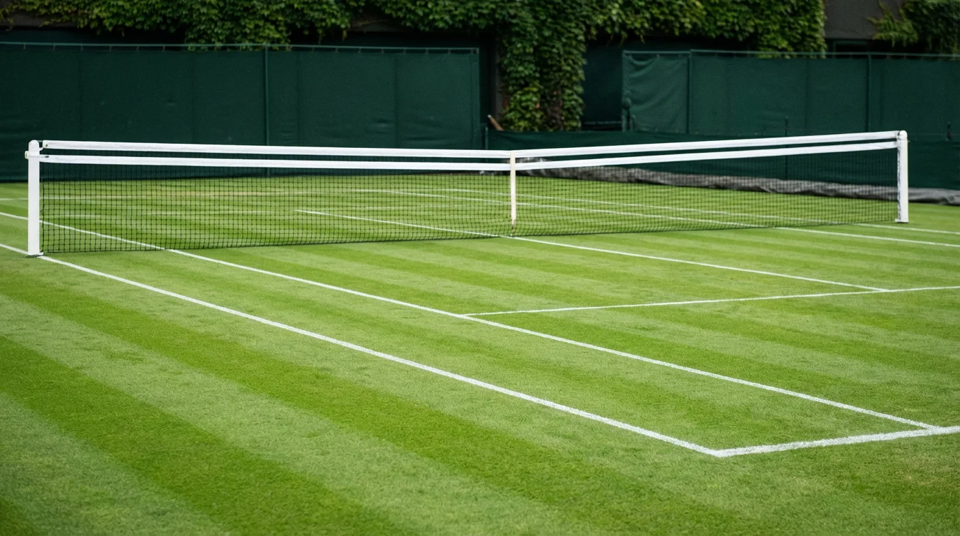 Pista de hierba de Wimbledon con red y líneas blancas bajo luz natural
