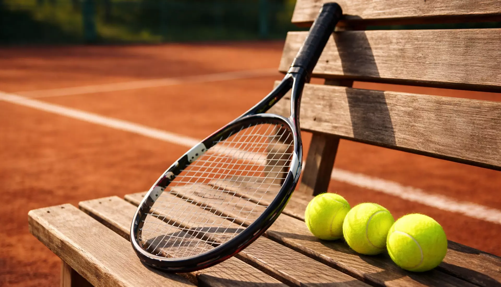 Raqueta de tenis apoyada junto a pelotas en un banco de pista de tenis