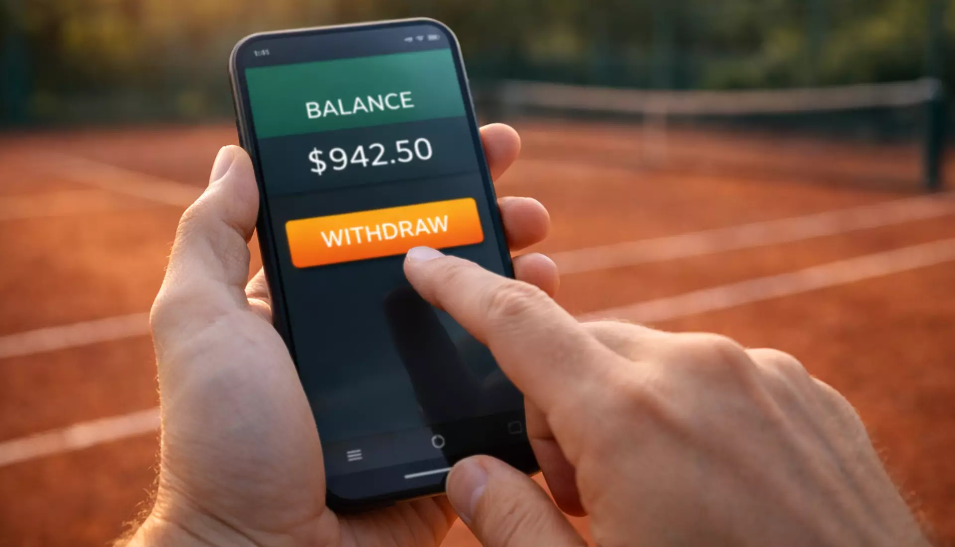 Mano sobre un smartphone con una pista de tenis al fondo desenfocada