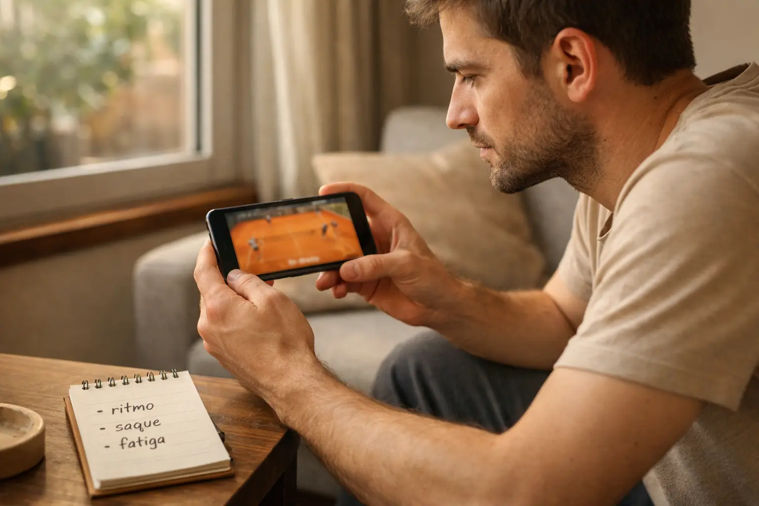 Persona viendo un partido de tenis en el móvil mientras toma notas