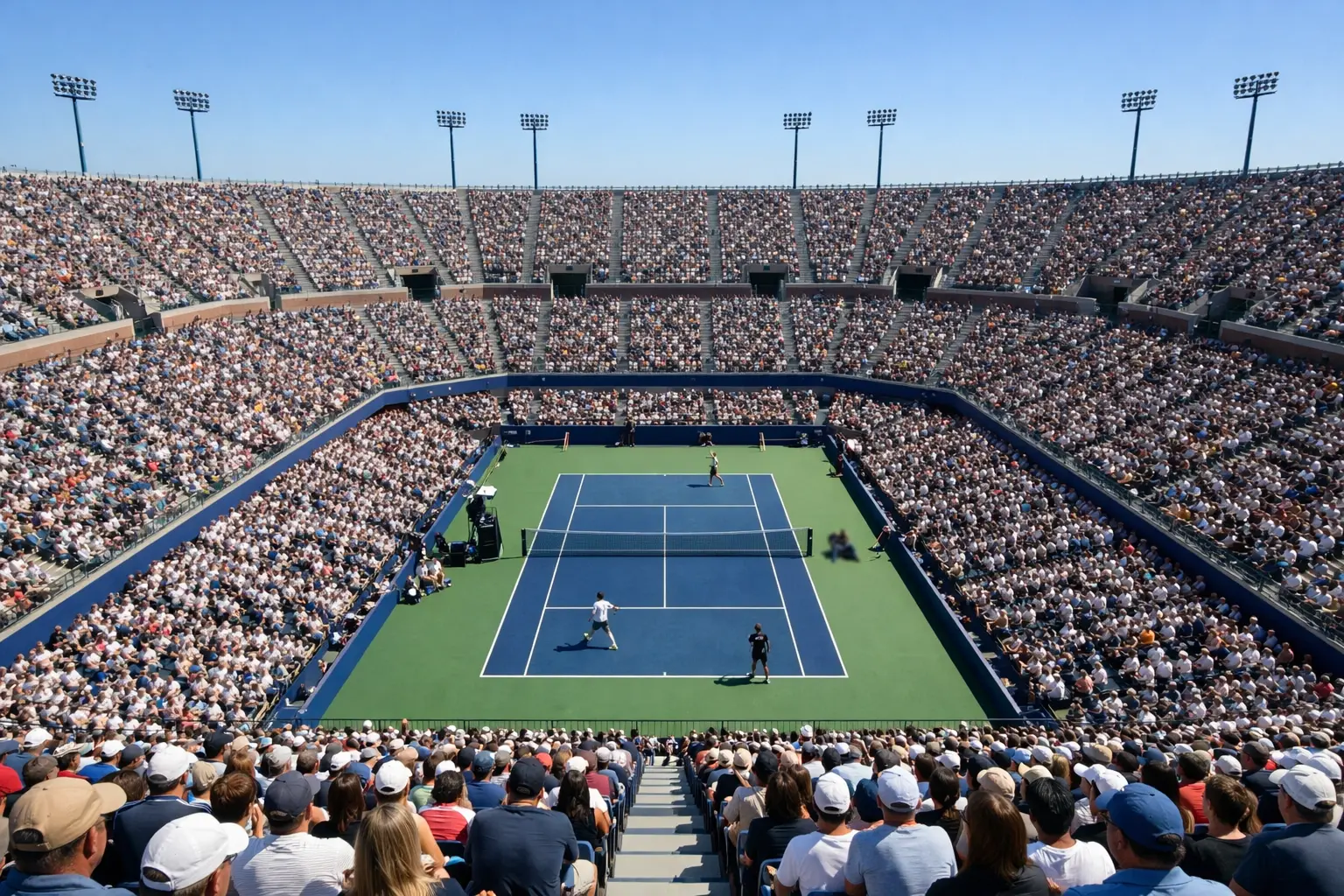 Estadio de tenis lleno de espectadores durante un partido del Grand Slam