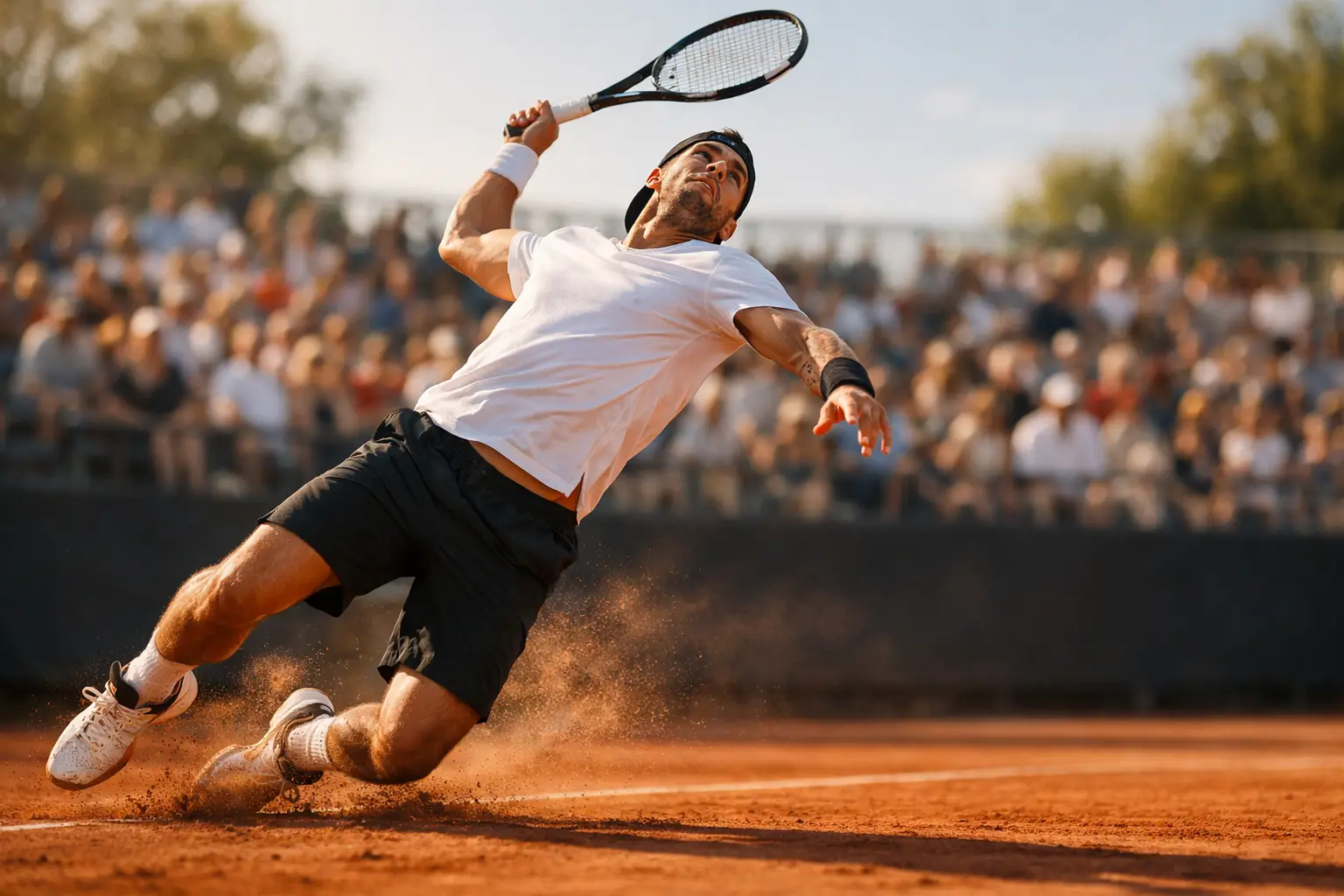 Jugador de tenis profesional sacando en una pista de tierra batida durante un torneo