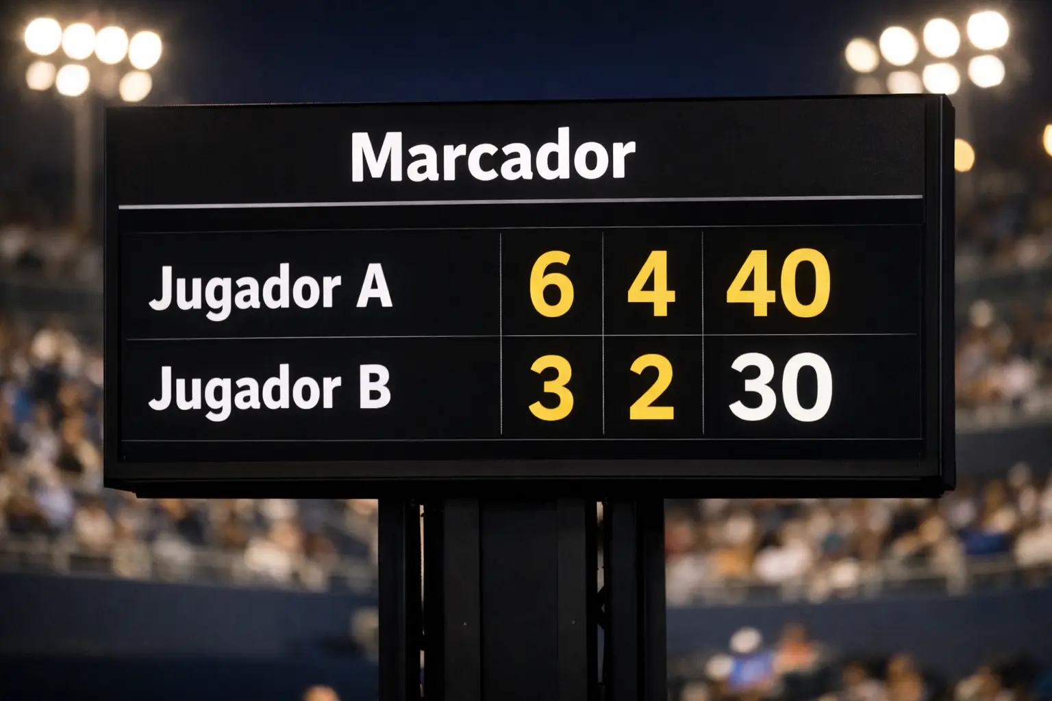 Marcador electrónico mostrando el resultado de un partido de tenis