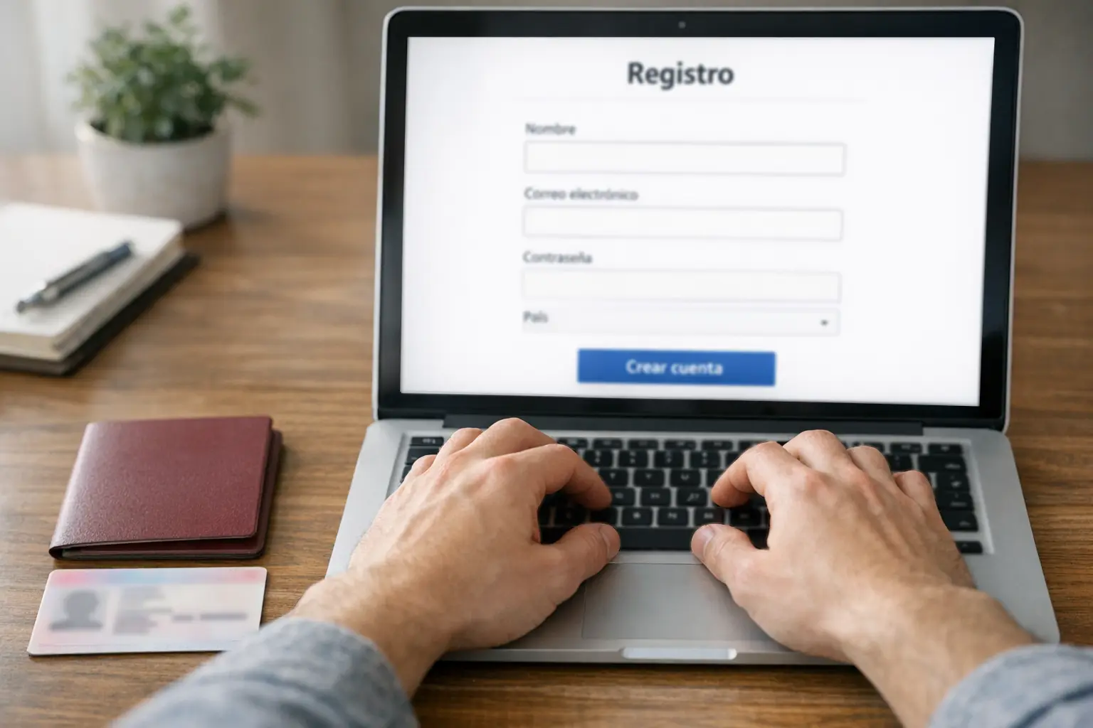 Manos escribiendo en un portátil con documentos de identificación al lado