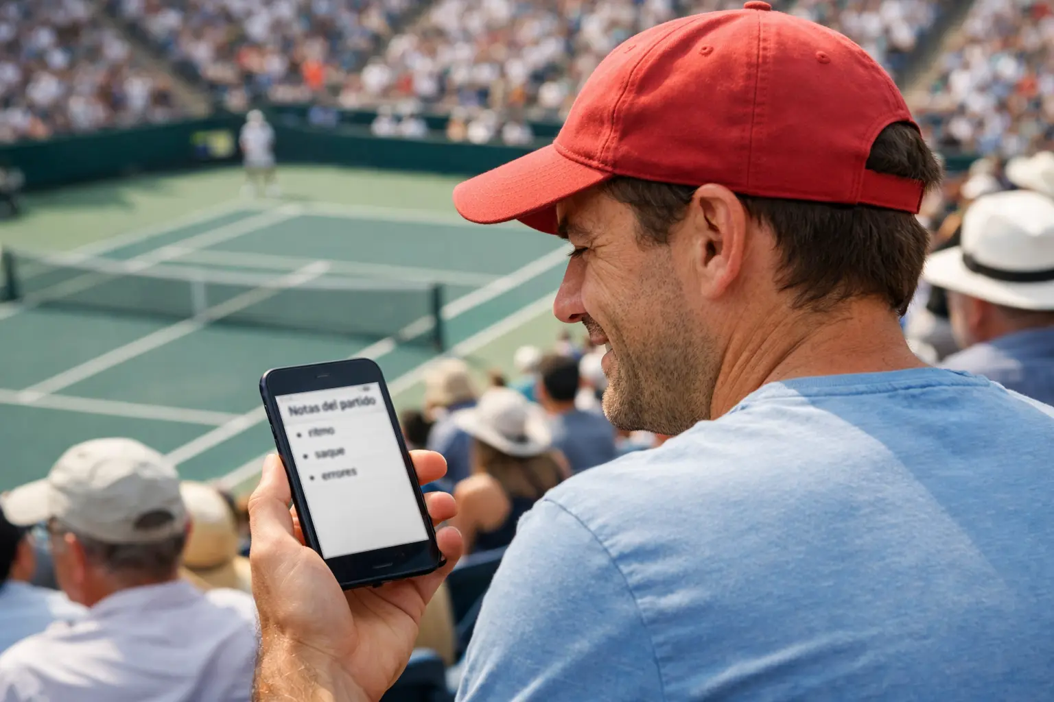 Aficionado siguiendo un partido de tenis en directo desde las gradas con su smartphone