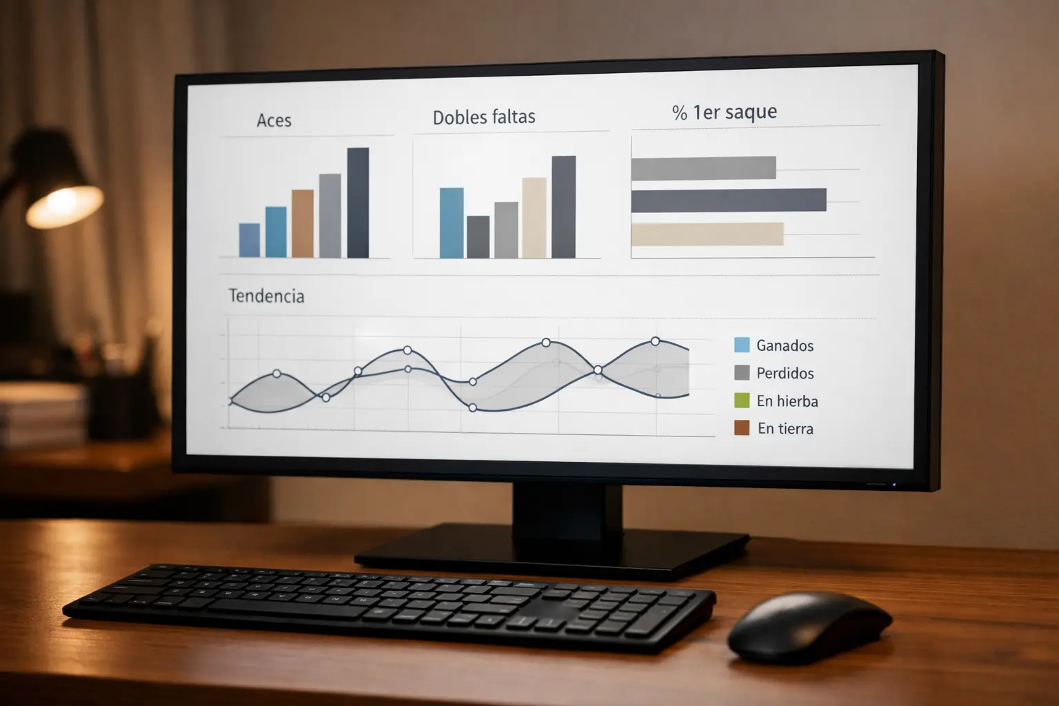 Pantalla de ordenador mostrando gráficos de rendimiento de tenistas