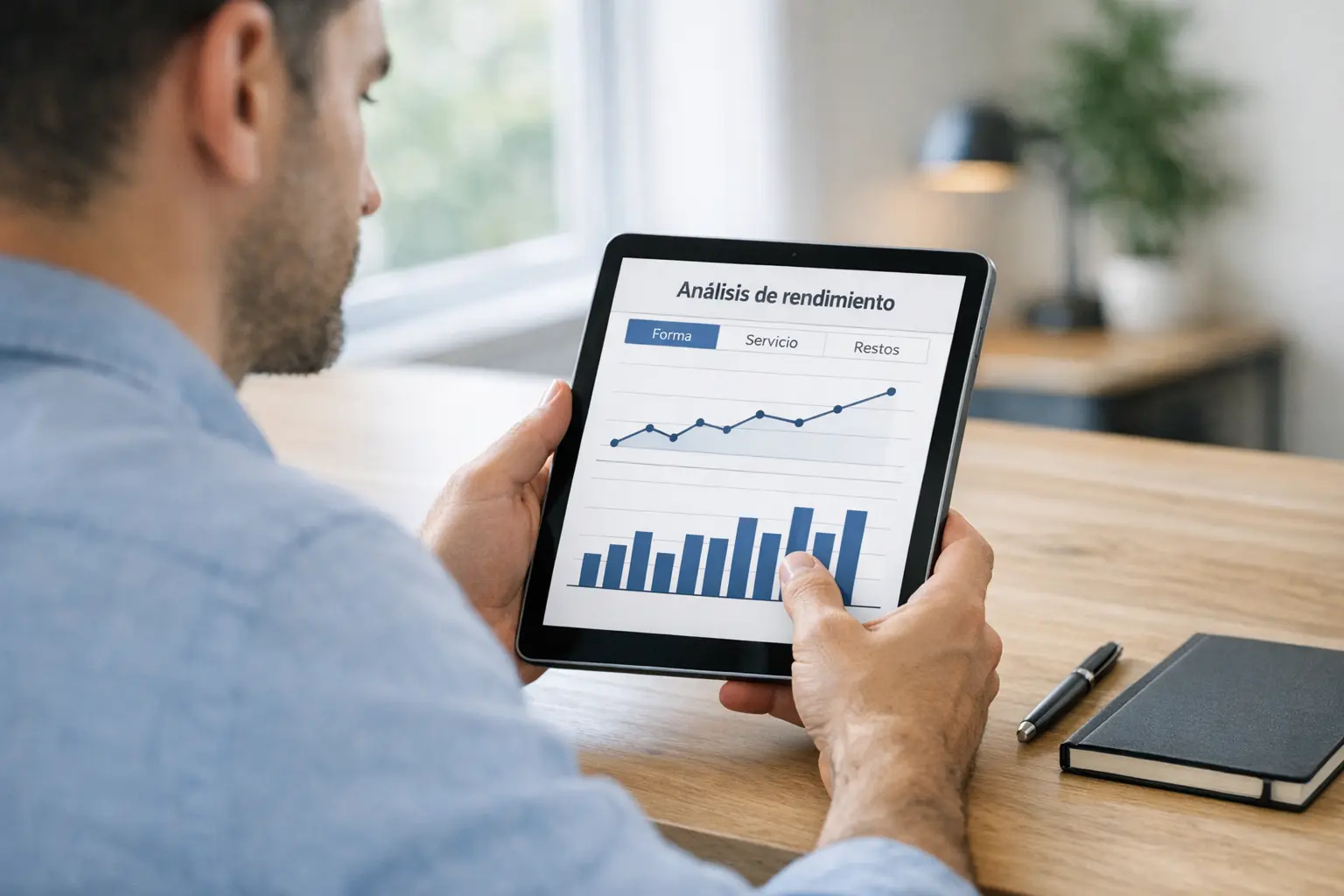 Profesional revisando estadísticas deportivas en una tablet