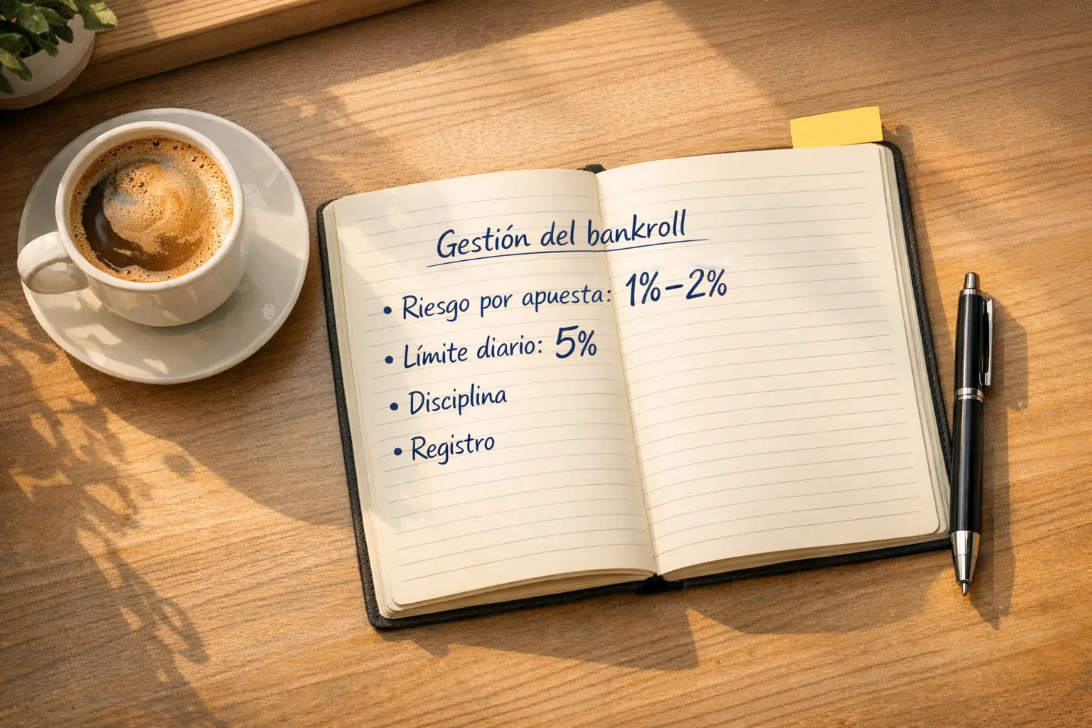 Escritorio ordenado con bloc de notas mostrando porcentajes y una taza de café