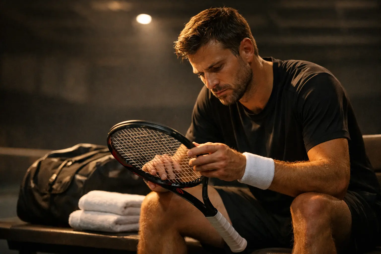 Tenista concentrado analizando su raqueta antes de un partido importante
