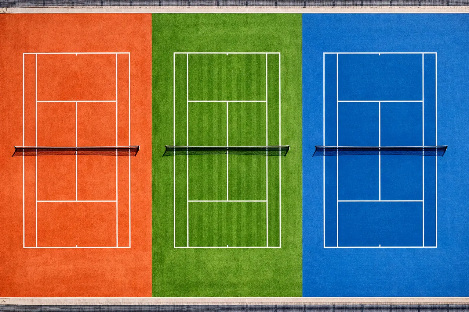 Vista aérea de tres pistas de tenis con diferentes superficies: tierra batida, hierba y pista dura