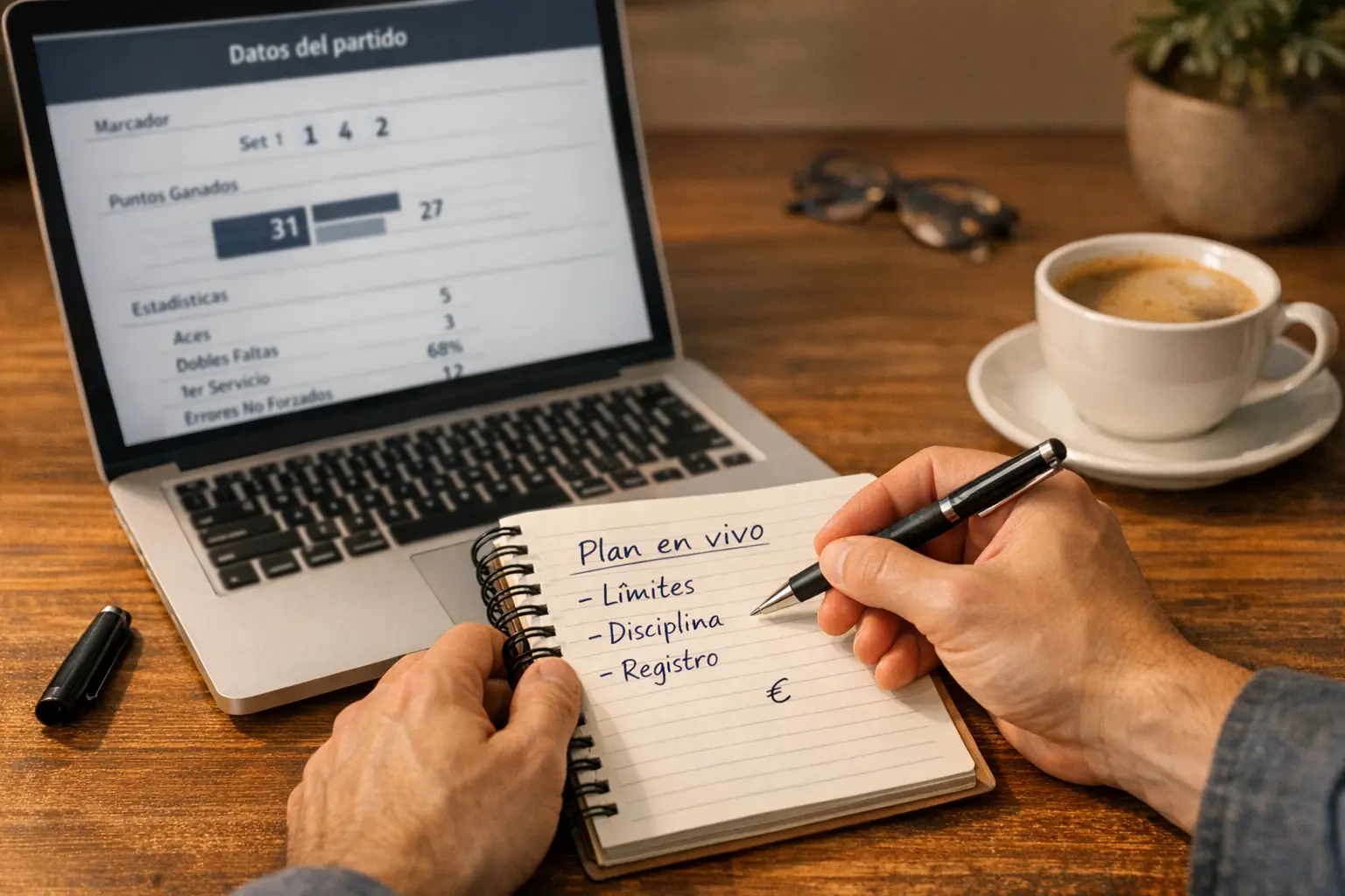 Persona tomando notas sobre estrategia de apuestas en un cuaderno junto a un portátil