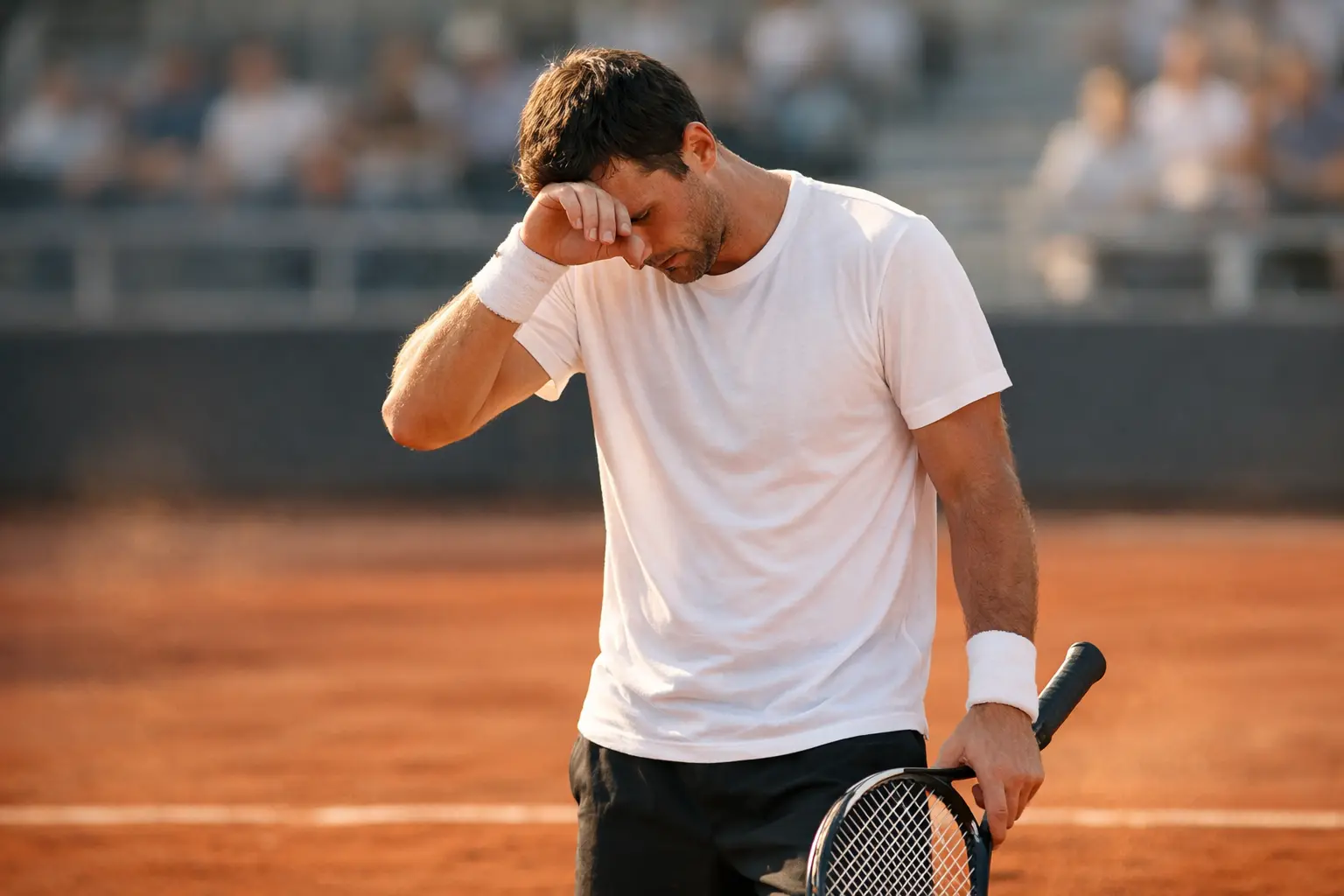 Tenista mostrando frustración en la pista durante un momento de presión
