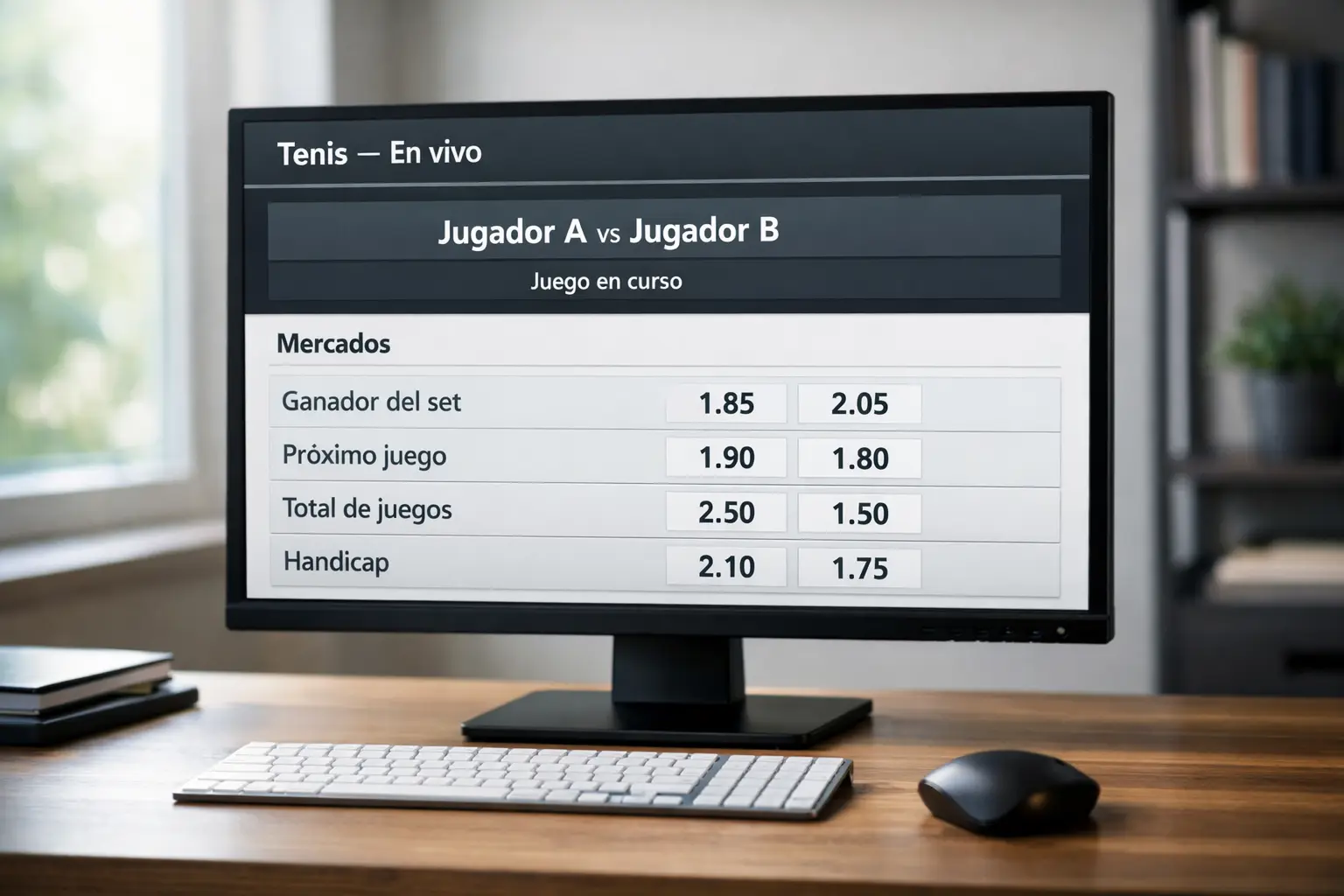 Pantalla de ordenador con mercados de apuestas de tenis y cuotas en directo