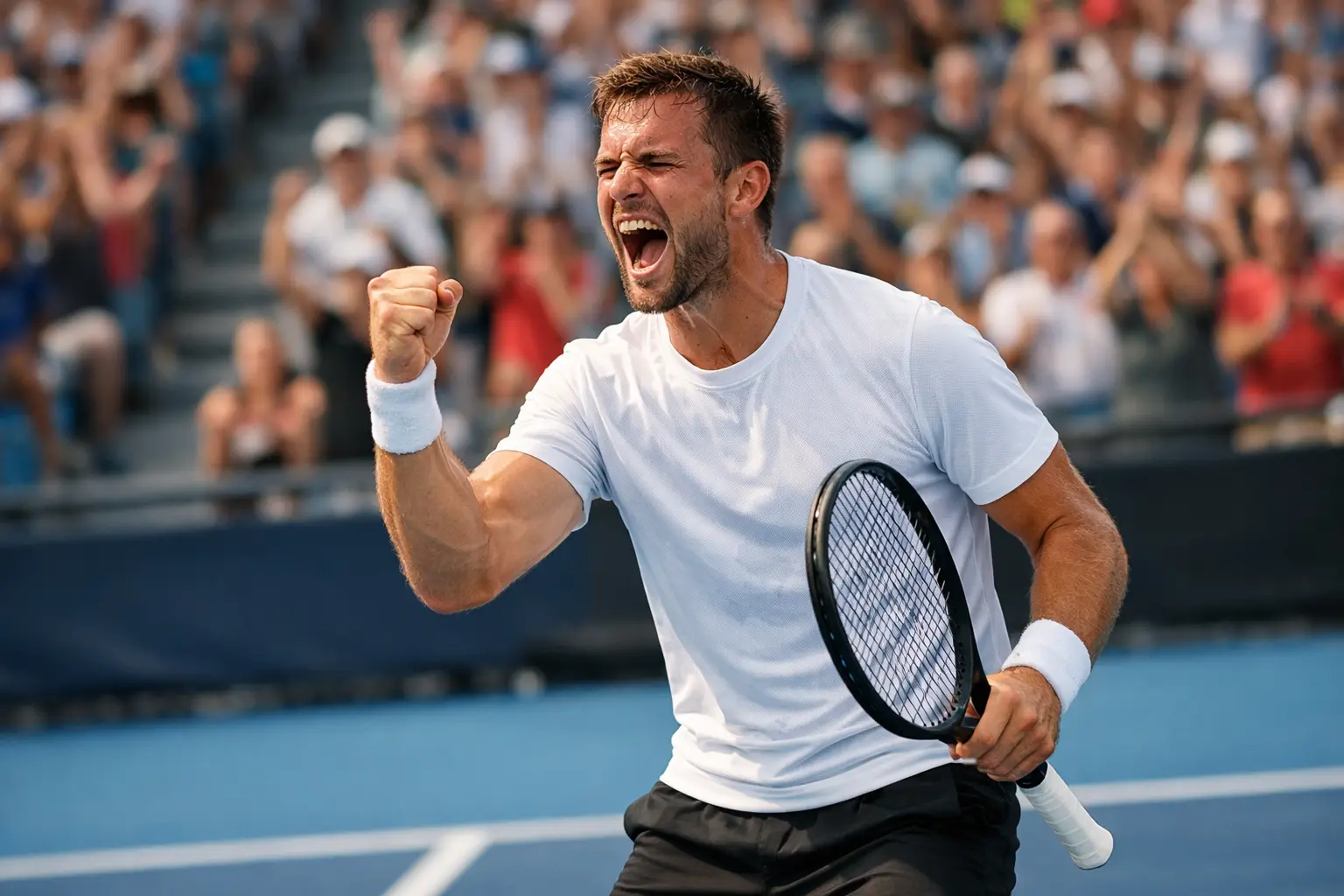 Jugador de tenis celebrando un punto importante con el puño en alto
