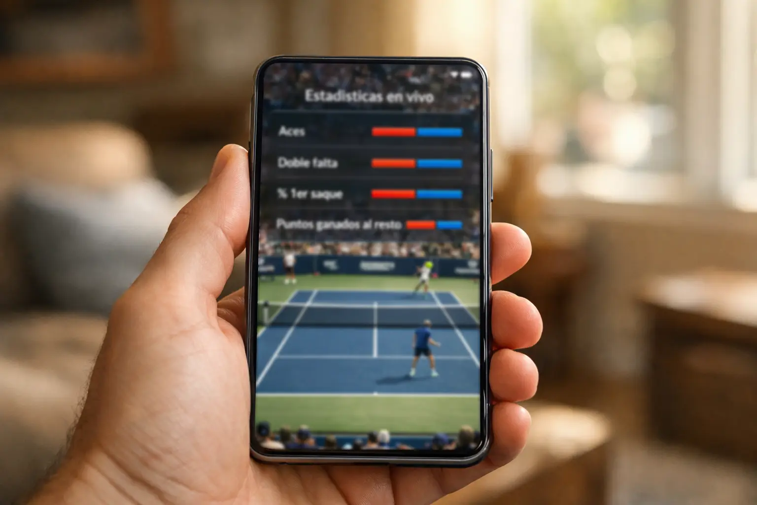 Smartphone mostrando partido de tenis en streaming con estadísticas en pantalla