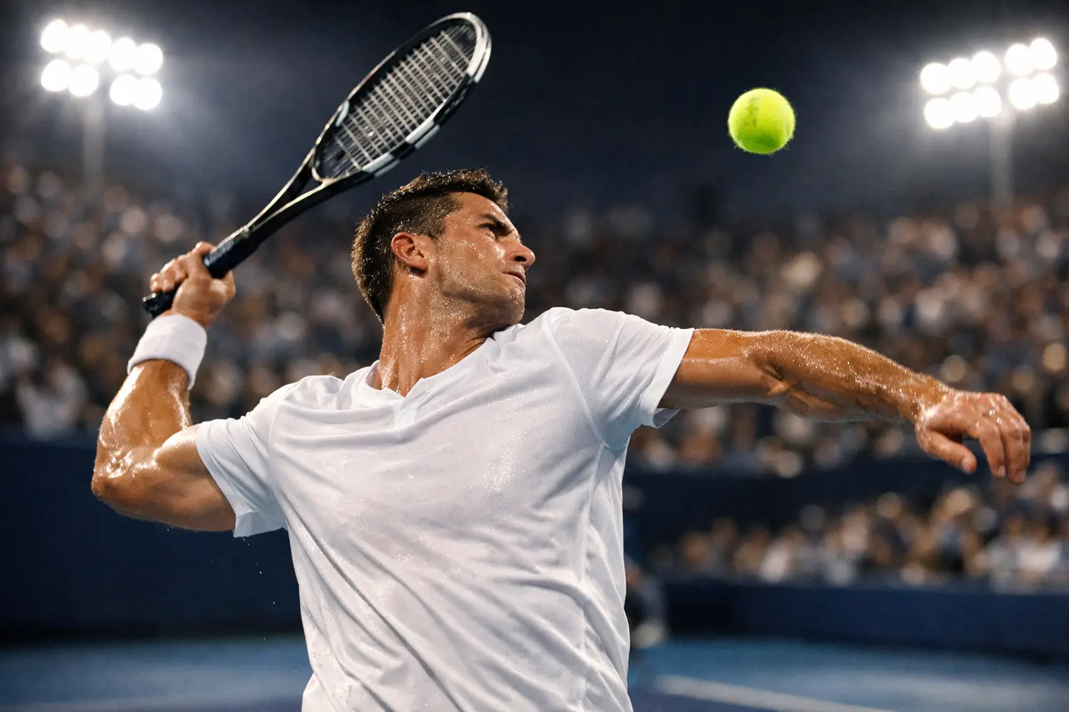 Tenista profesional realizando un saque potente en pista dura durante partido en vivo