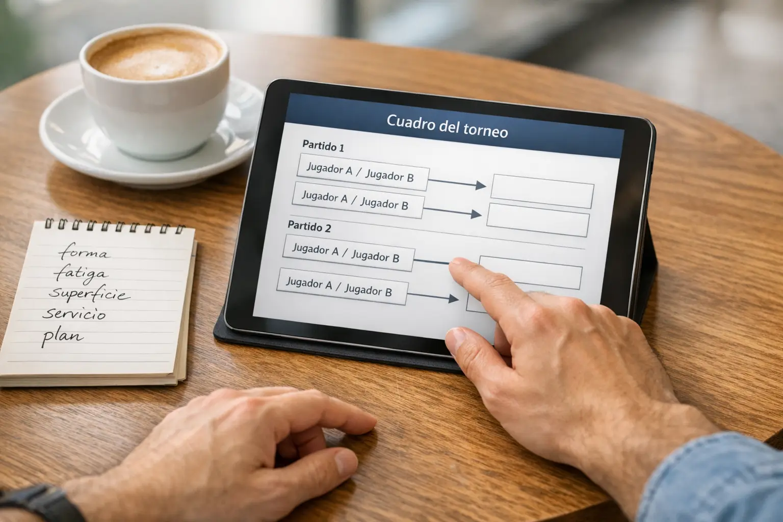 Análisis de cuadro de torneo de tenis en tablet con notas estratégicas