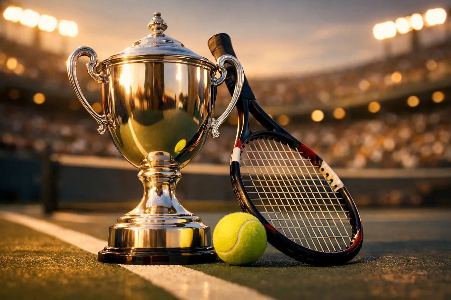 Trofeo de torneo Grand Slam sobre pista de tenis con raqueta profesional