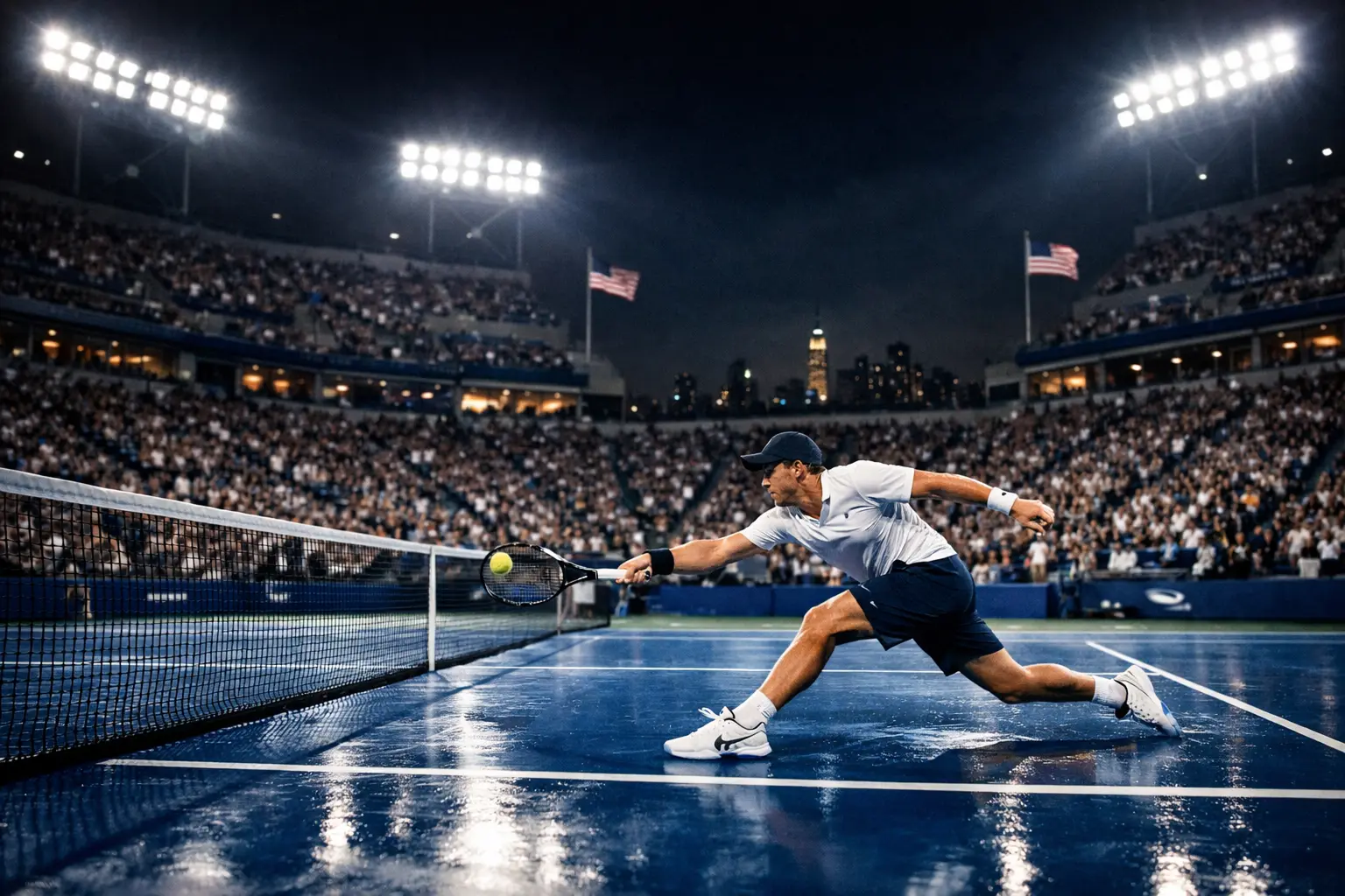 Arthur Ashe Stadium del US Open iluminado durante sesión nocturna