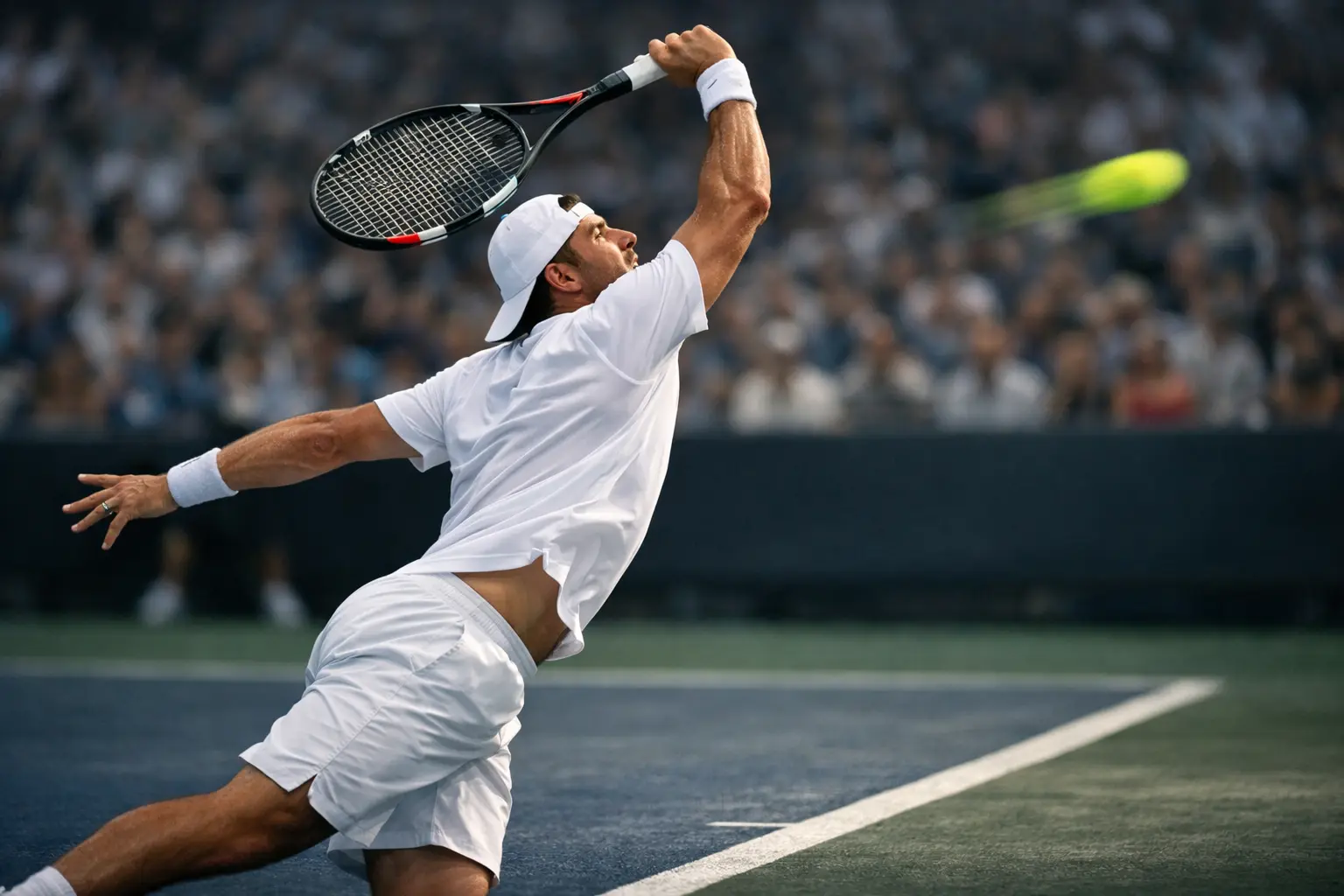 Tenista completando un saque potente tipo ace en pista rápida