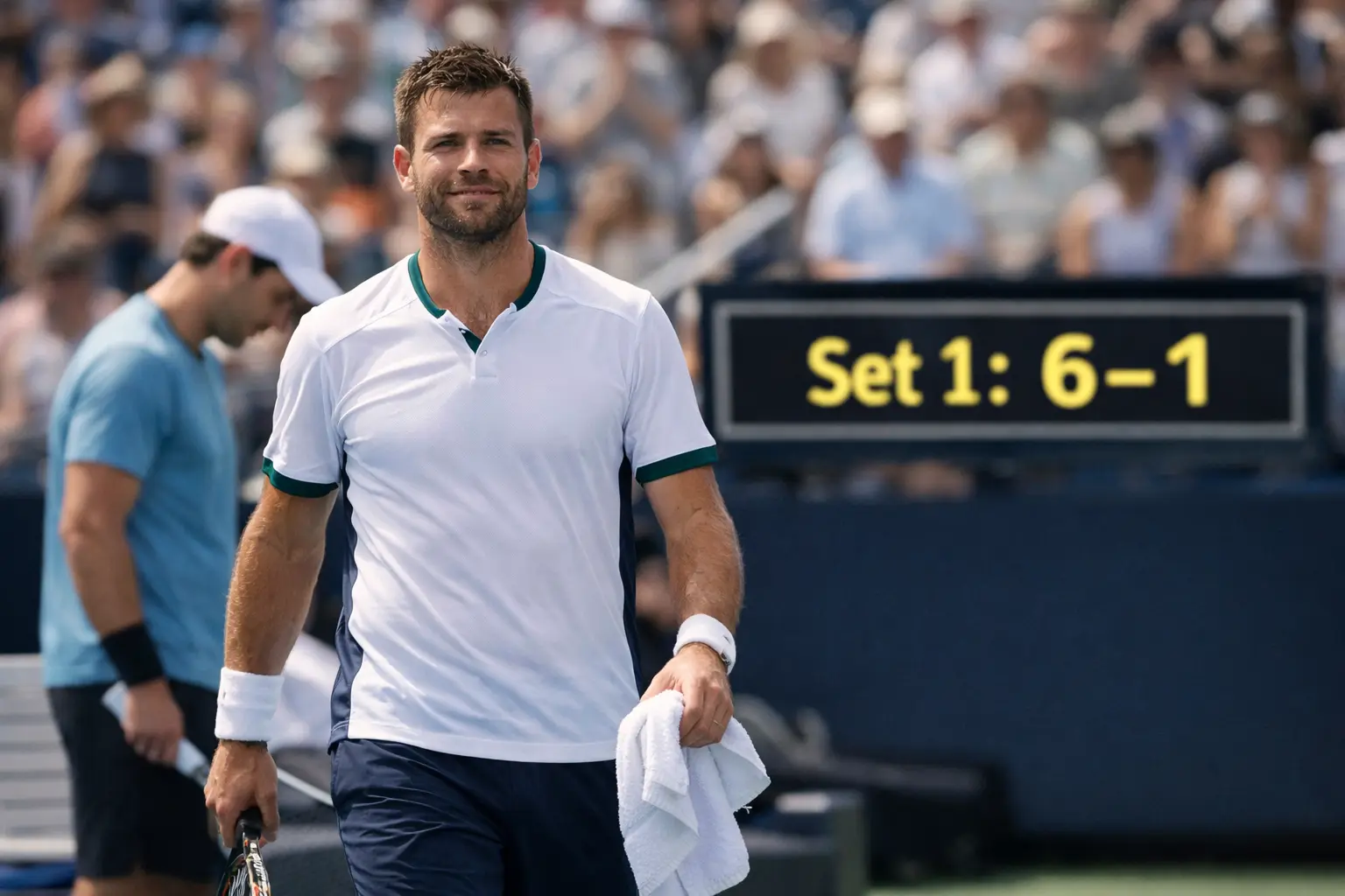 Tenista ganando un set cómodamente en partido dominante
