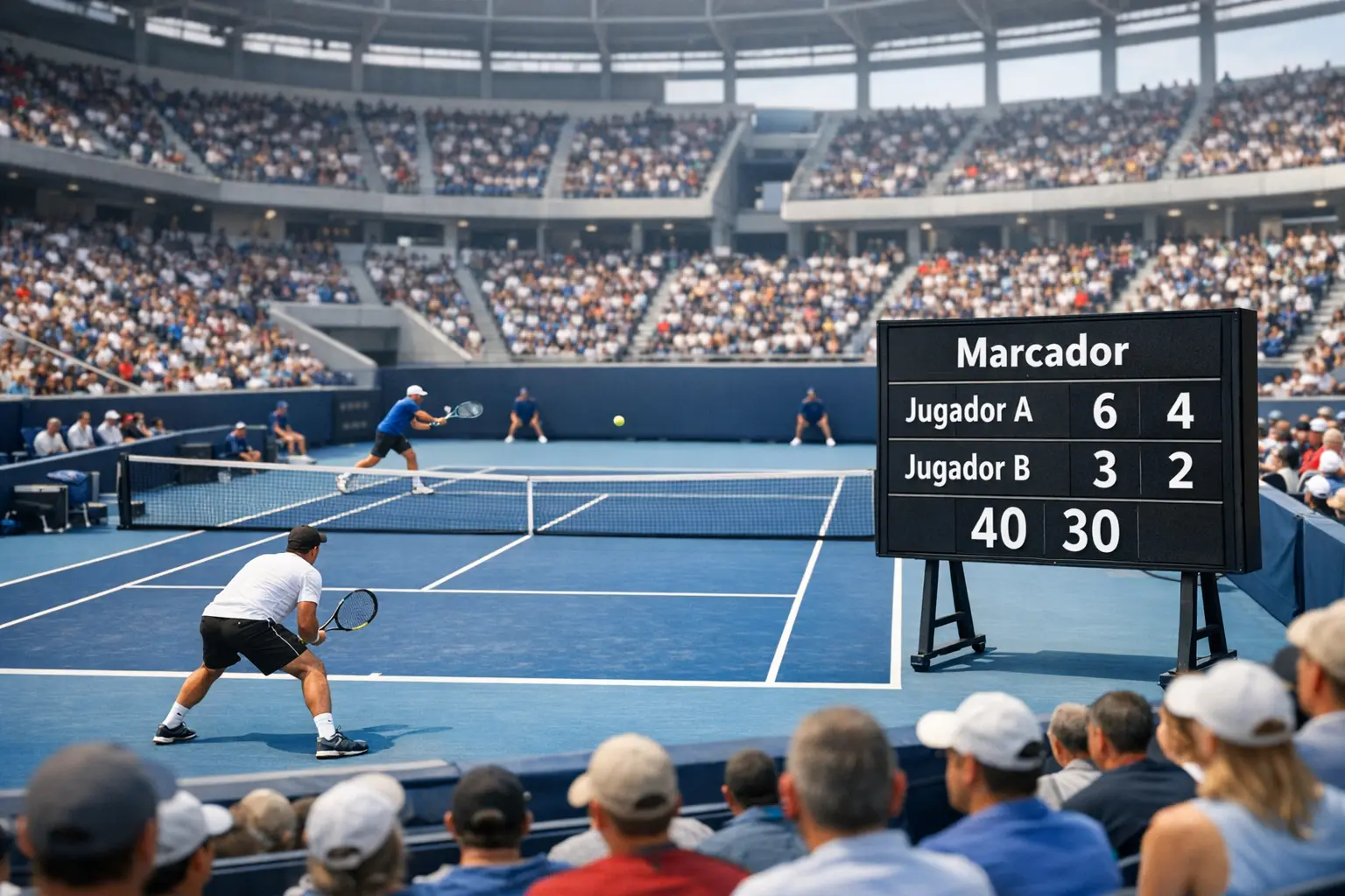 Partido de tenis profesional visto desde grada con marcador electrónico visible