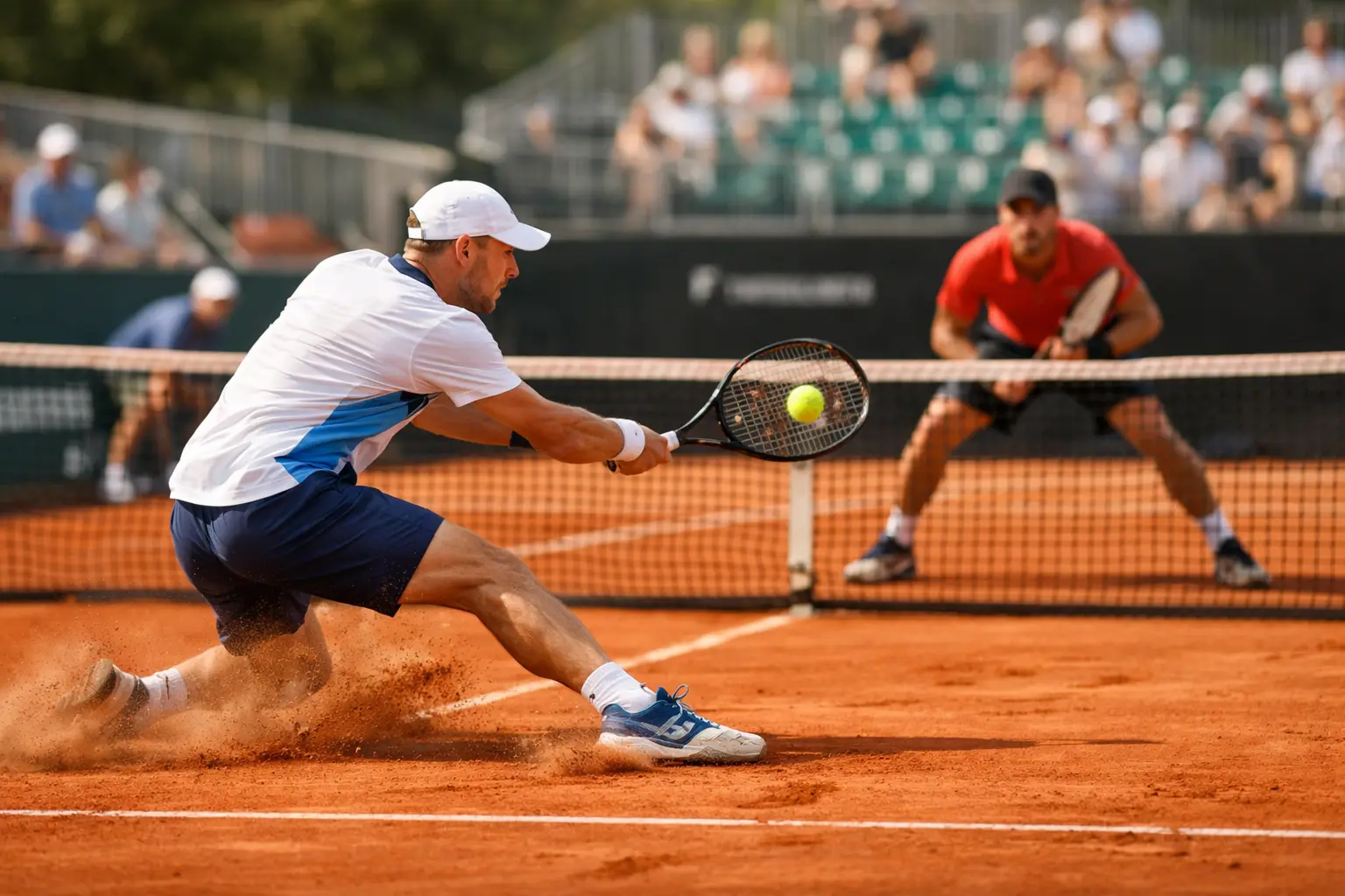 Rally largo entre dos tenistas en pista de tierra batida