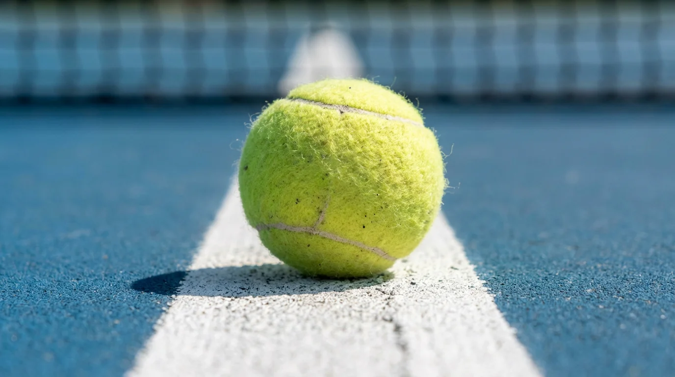 Pelota de tenis sobre la línea blanca de una pista dura vista de cerca