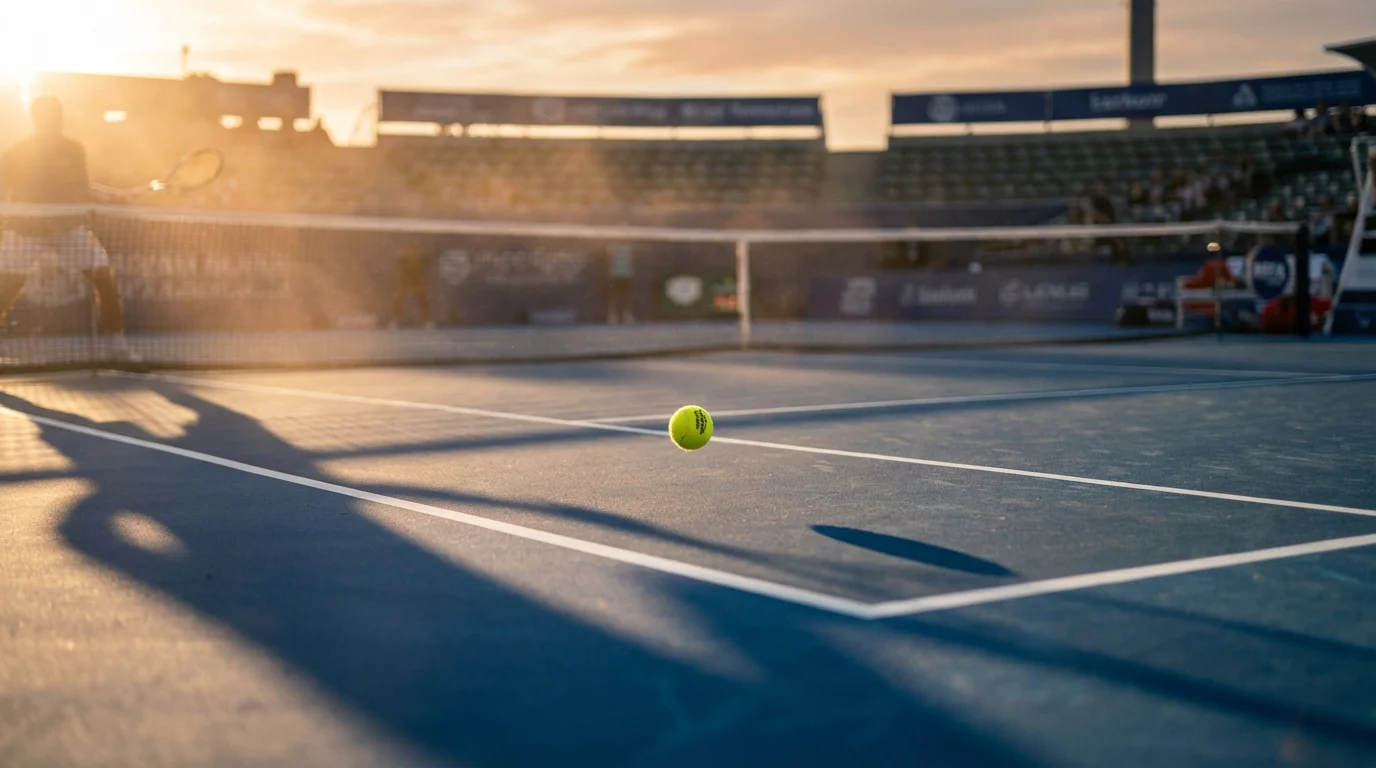 Pelota de tenis sobre pista dura con marcador de partido al fondo