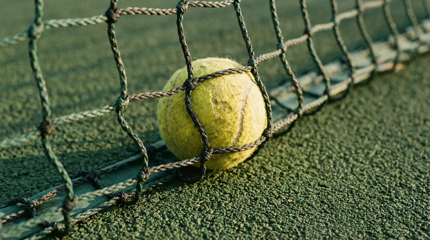 Pelota de tenis atrapada en la red de una pista profesional