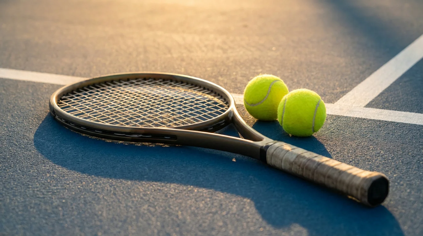 Primer plano de una raqueta de tenis apoyada junto a pelotas en una pista