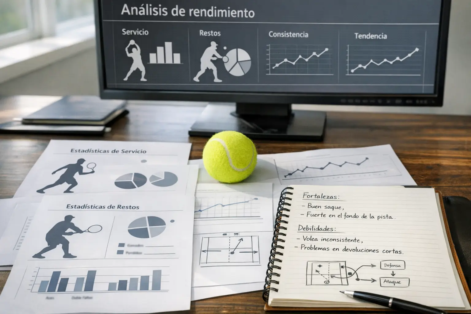 Persona analizando estadísticas de jugadores de tenis en documentos y gráficos