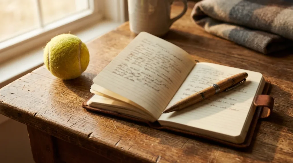 Cuaderno con anotaciones junto a una pelota de tenis sobre una mesa de madera