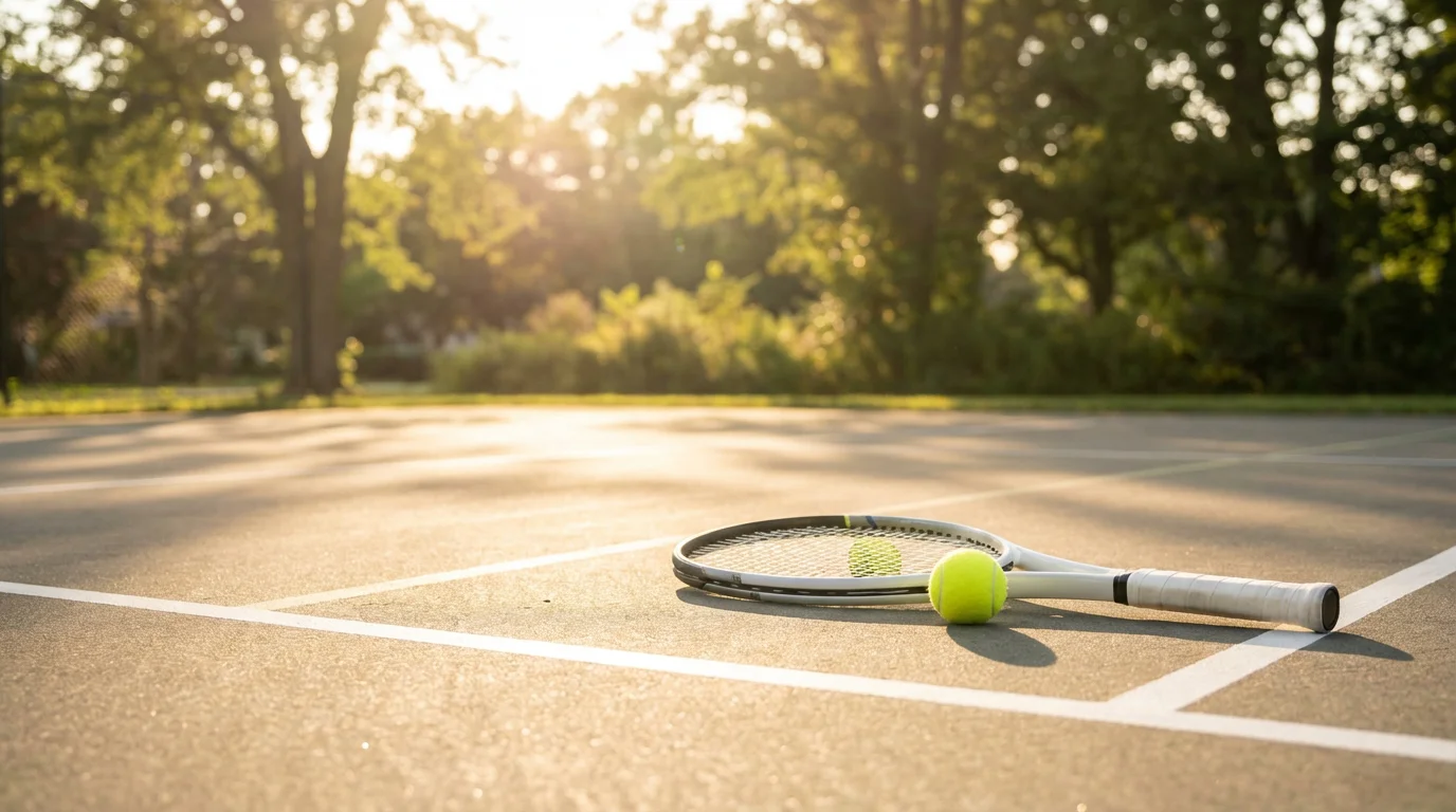 Pelota de tenis y raqueta sobre una pista al aire libre con luz suave