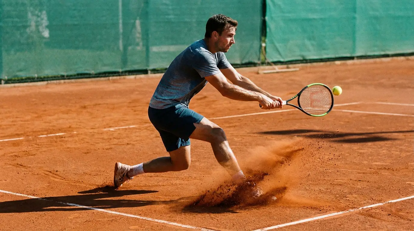 Jugador de tenis golpeando un drive potente en una pista de tierra batida