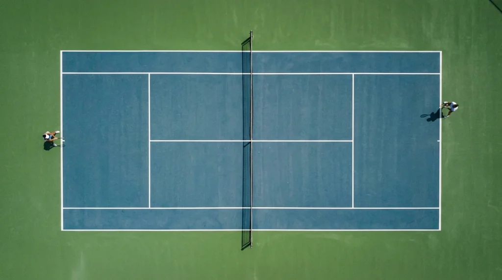 Dos jugadores de tenis en lados opuestos de la red vistos desde arriba